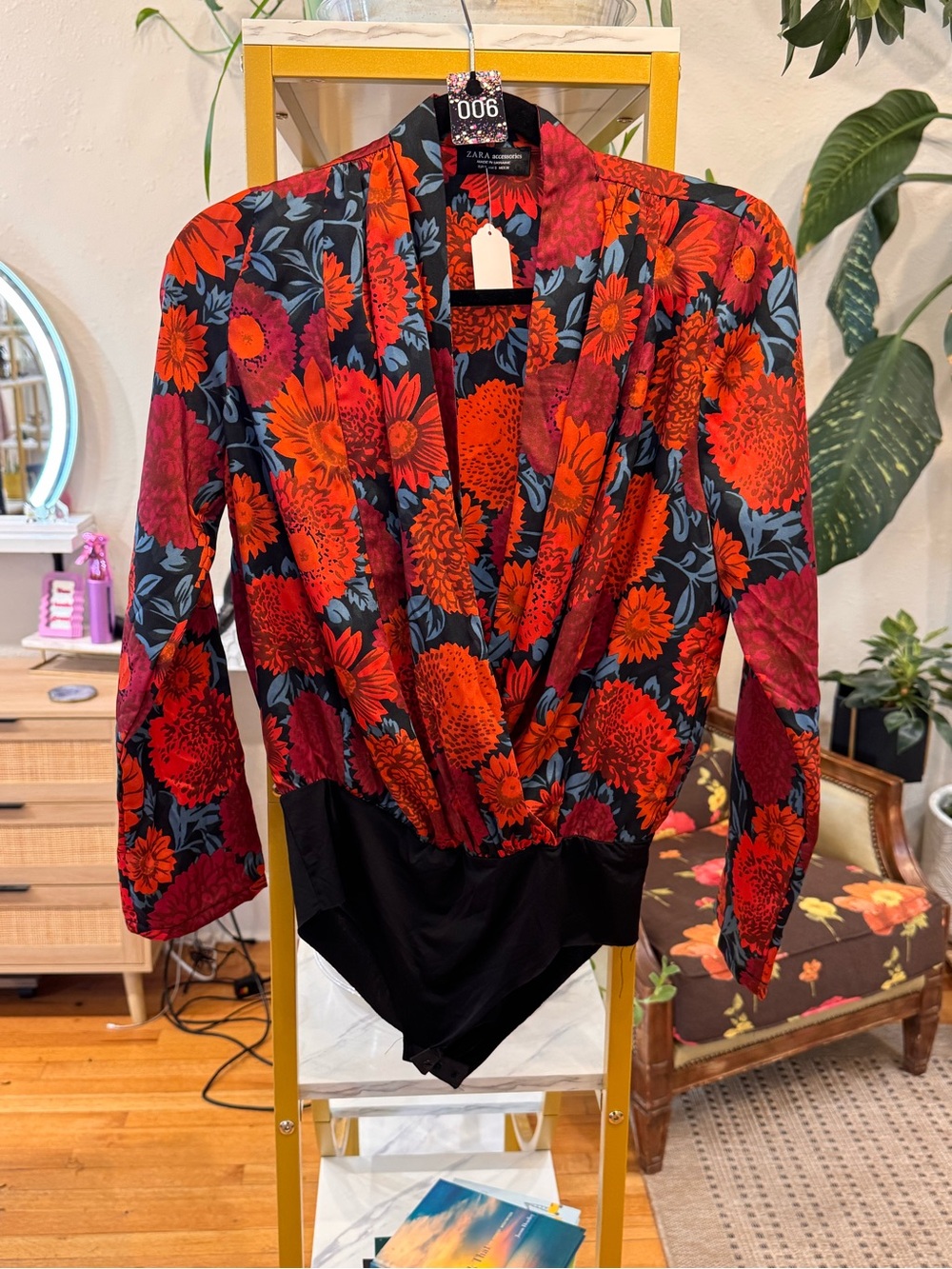 Zara Black Floral-Print bodysuit with Red & Blue Bodysuit